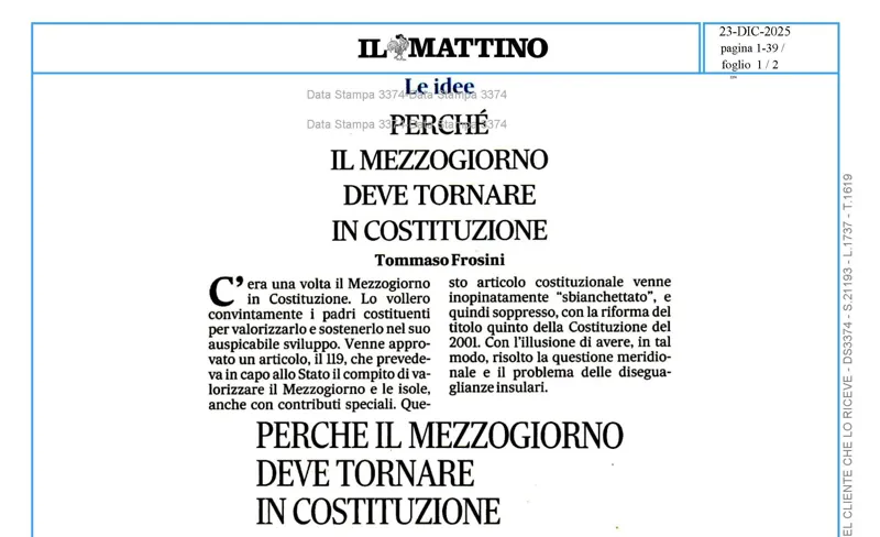 Il Presidente del CIRA Frosini: perchè il Mezzogiorno deve tornare in Costituzione