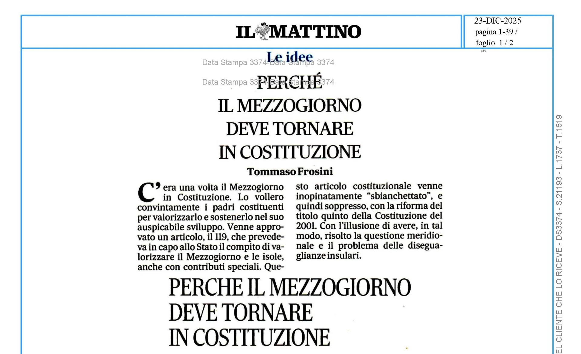 Il Presidente del CIRA Frosini: perchè il Mezzogiorno deve tornare in Costituzione