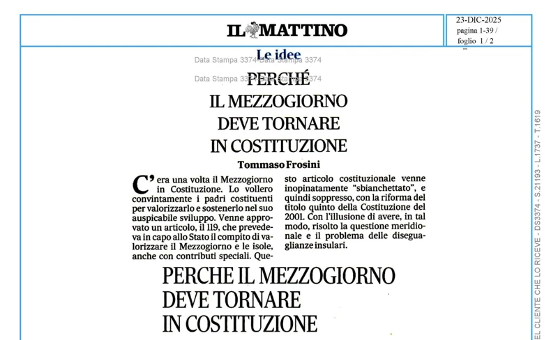 Il Presidente del CIRA Frosini: perchè il Mezzogiorno deve tornare in Costituzione