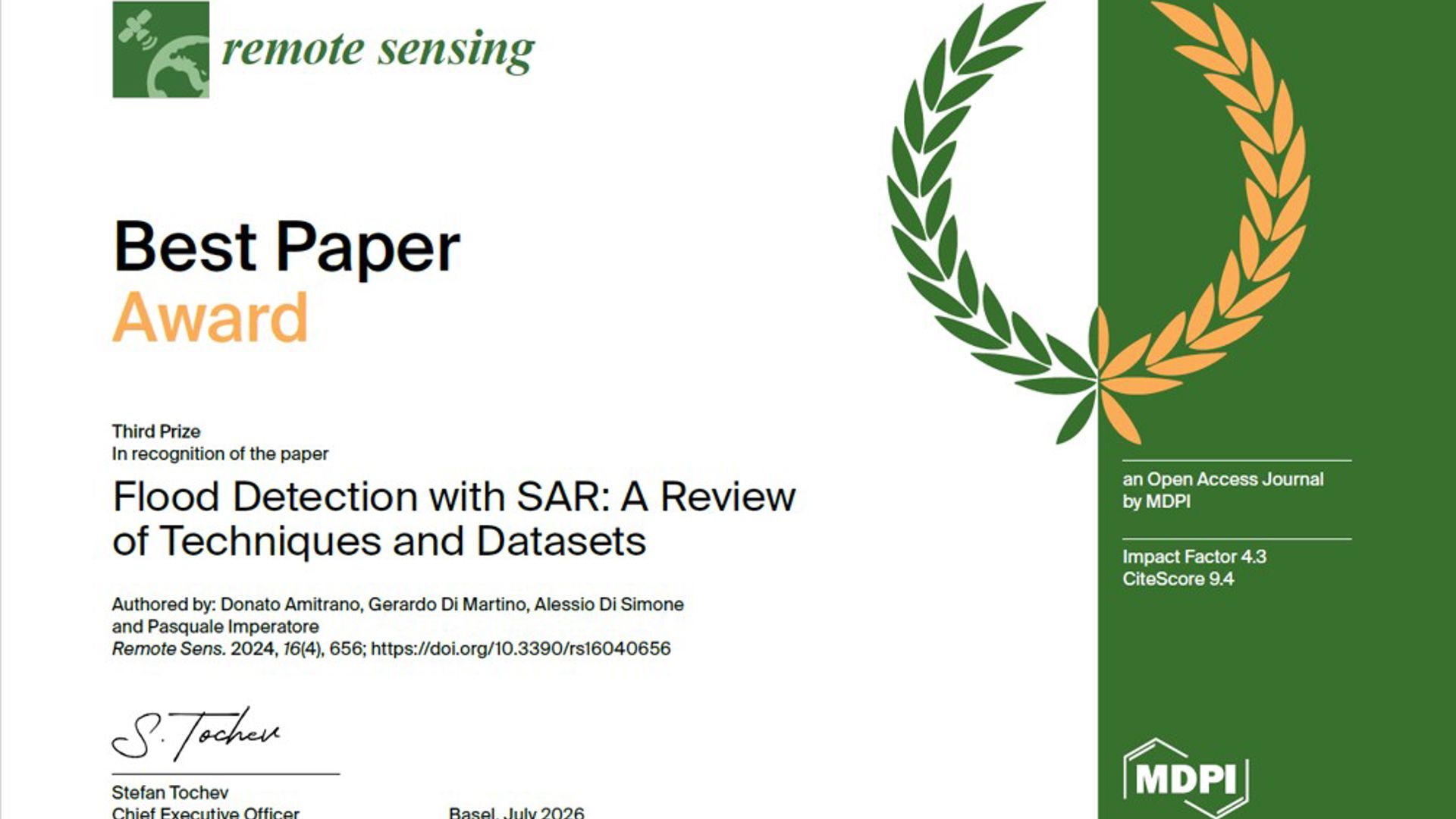 CIRA sul podio dei Best Paper Award della rivista Remote Sensing
