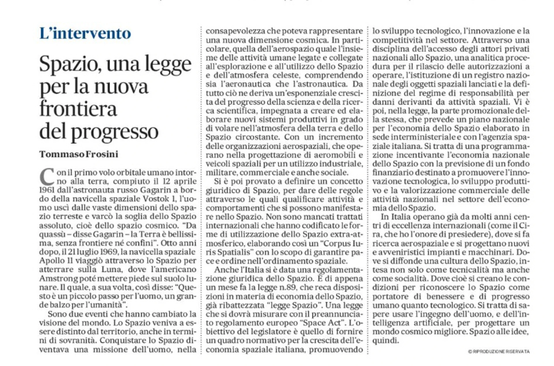 Spazio, una legge per la nuova frontiera del progresso